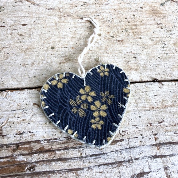 Handmade Other - Handmade Fabric Heart Ornament Navy Gold Japanese Floral Yellow Felt Folk Art